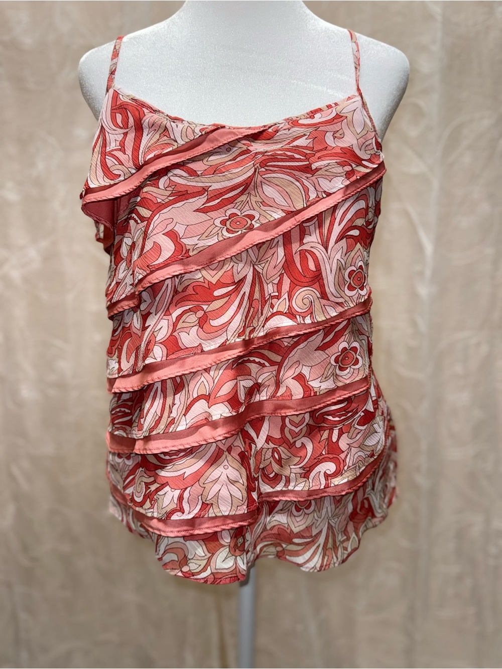 New York & Company Coral Pink Floral Trim Shell Top